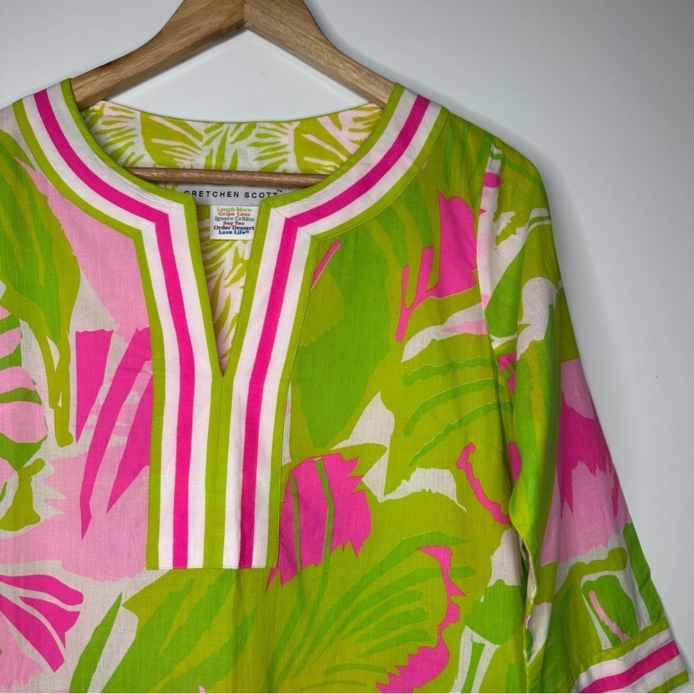 Gretchen Scott Designs Split Neck Tunic Pink/Lime Print Size Small - Picture 2 of 7